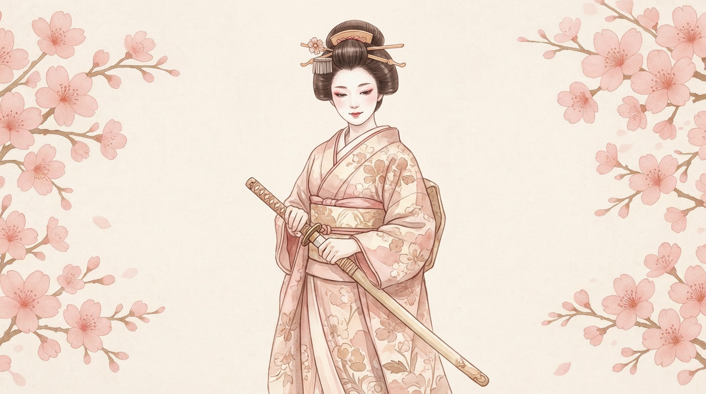 Femme japonaise en kimono avec katana et fleurs de cerisier
