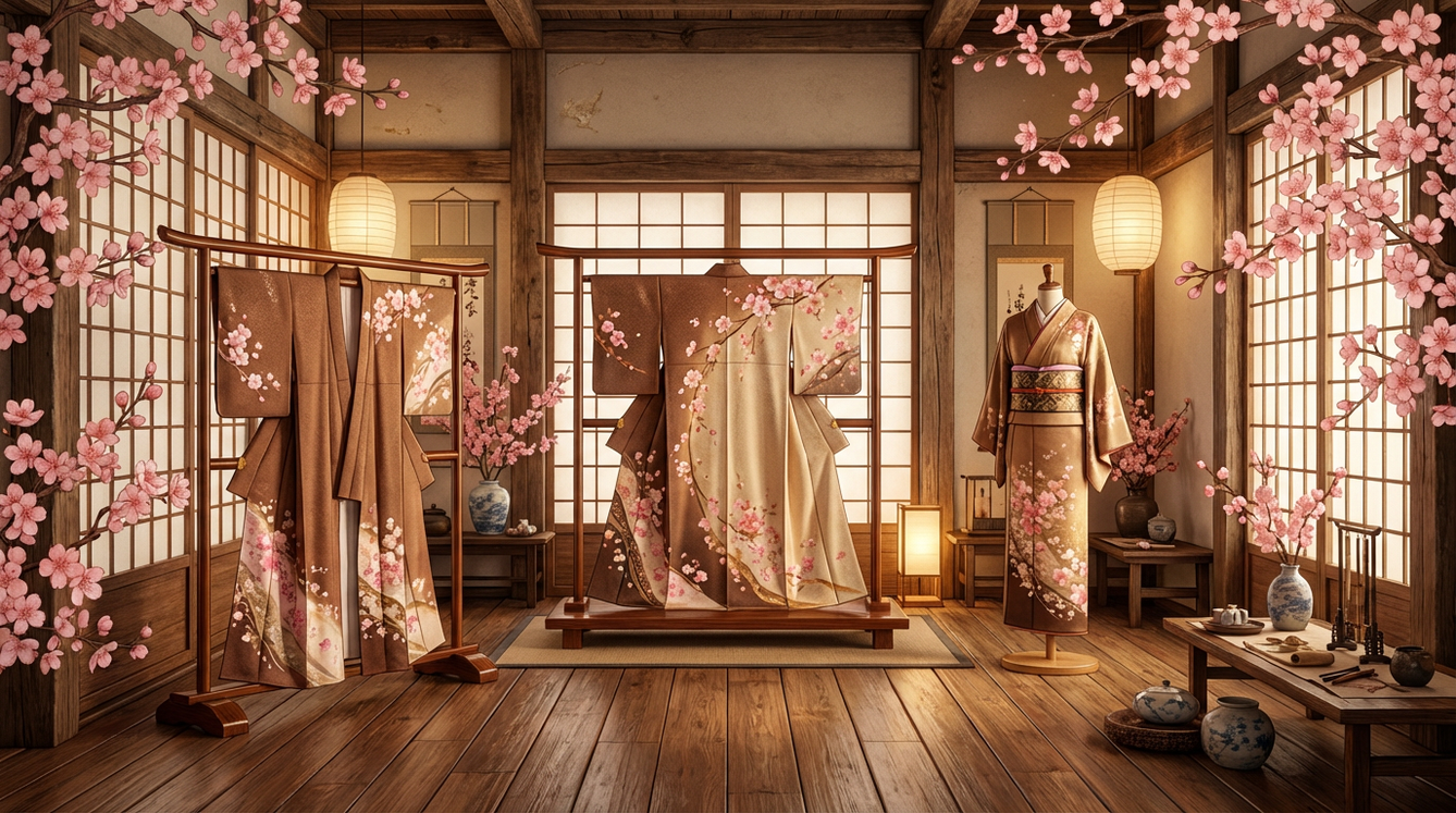 Intérieur traditionnel japonais avec kimonos