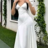 robe longue vintage blanche avec nœud sur les épaules pour femmes, mode col en v, manches bouffantes, maxi courbé, ruban élégant, bureau, tendance de fête
