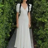 Robe longue Vintage blanche avec nœud sur les épaules pour femmes, mode col en V, manches bouffantes, Maxi courbé, ruban élégant, bureau, tendance de fête Robe longue Vintage blanche avec nœud sur les épaules pour femmes, mode col en V, manches bouffantes, Maxi courbé, ruban élégant, bureau, tendance de fête