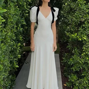 Robe longue Vintage blanche avec nœud sur les épaules pour femmes, mode col en V, manches bouffantes, Maxi courbé, ruban élégant, bureau, tendance de fête Robe longue Vintage blanche avec nœud sur les épaules pour femmes, mode col en V, manches bouffantes, Maxi courbé, ruban élégant, bureau, tendance de fête