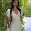 robe longue vintage blanche avec nœud sur les épaules pour femmes, mode col en v, manches bouffantes, maxi courbé, ruban élégant, bureau, tendance de fête
