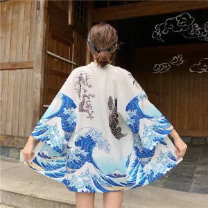Kimono imprimé japonais pour femmes, vêtements d&rsquo;été, streetwear asiatique, cardigan, chemise, robe Haori, 31204