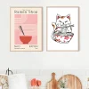 affiche murale japonaise ramen noodles chat, art illustré, aquarelle, sushi, peinture sur toile, décor de restaurant japonais