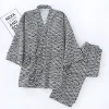 Pyjama de Style japonais pour hommes et femmes, ensemble Kimono enveloppant, imprimé ondulé Seigaiha, 100% coton, vêtements de détente unisexes, costume de nuit