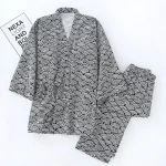 Pyjama de Style japonais pour hommes et femmes, ensemble Kimono enveloppant, imprimé ondulé Seigaiha, 100% coton, vêtements de détente unisexes, costume de nuit Pyjama de Style japonais pour hommes et femmes, ensemble Kimono enveloppant, imprimé ondulé Seigaiha, 100% coton, vêtements de détente unisexes, costume de nuit