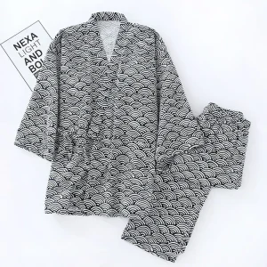 Pyjama de Style japonais pour hommes et femmes, ensemble Kimono enveloppant, imprimé ondulé Seigaiha, 100% coton, vêtements de détente unisexes, costume de nuit