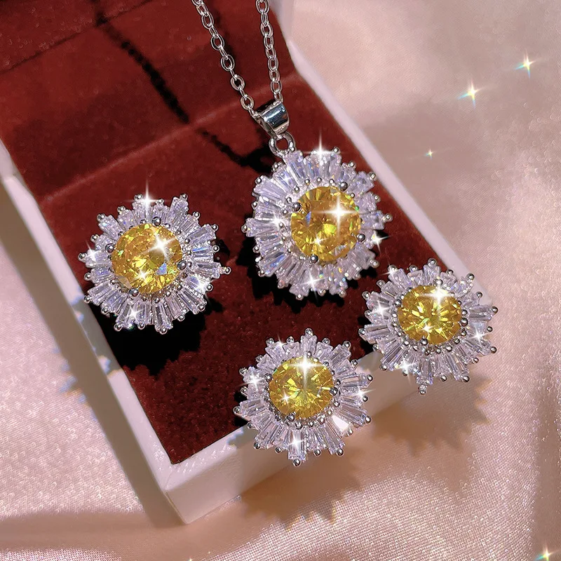 Ensemble de bijoux en Zircon pour femmes, diamant complet, jaune AAAA brillant, collier, bague, boucles d’oreilles, bijoux de mariée, 925 Ensemble de bijoux en Zircon pour femmes, diamant complet, jaune AAAA brillant, collier, bague, boucles d’oreilles, bijoux de mariée, 925