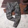 fjmen pantalon en cuir de vachette véritable, optique naturelle, dispositif de protection supplémentaire, style vintage, gris, hiver