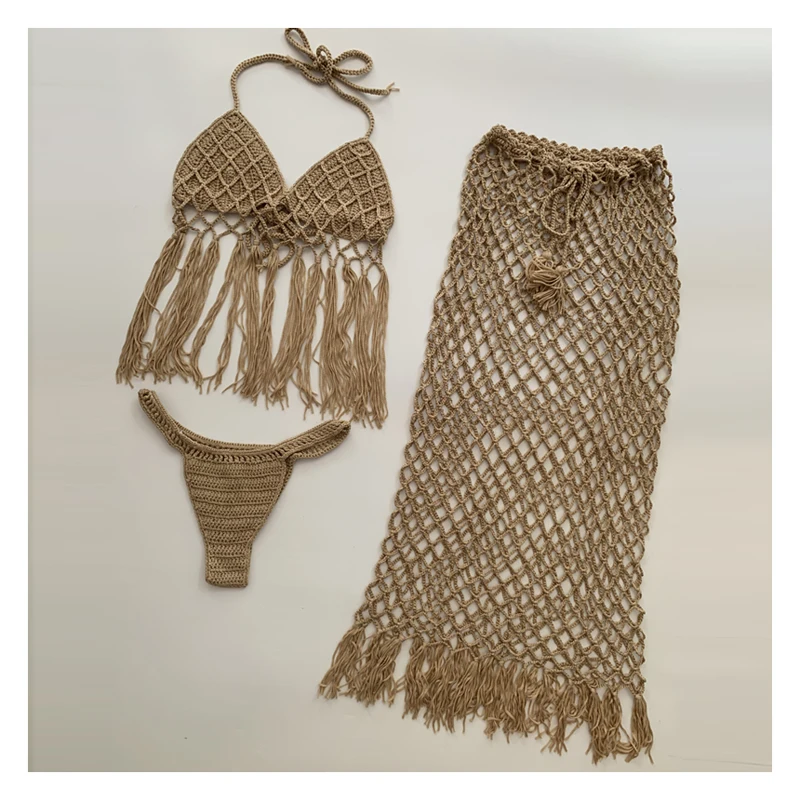 cover ups de bikini au crochet fait à la main pour femmes, coupe à pampilles, jupe longue, ensembles de trois pièces, maille, robe de maillot de bain en macramé imbibé cover ups de bikini au crochet fait à la main pour femmes, coupe à pampilles, jupe longue, ensembles de trois pièces, maille, robe de maillot de bain en macramé imbibé