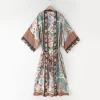 kimono bohème imprimé paon fleur, col en v, longue chemise ethnique laçage avec ceintures, long cardigan boho, nœud papillon