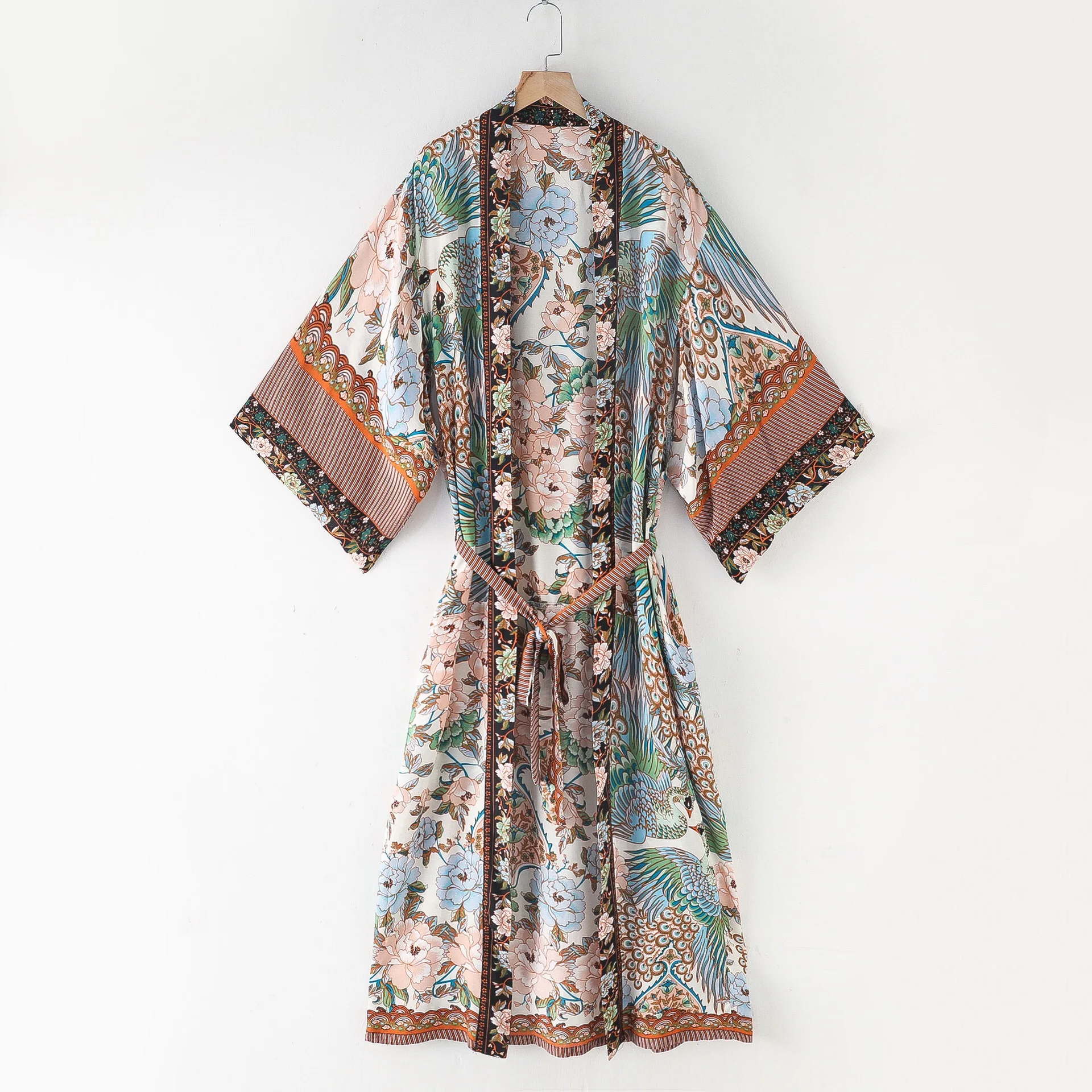 kimono bohème imprimé paon fleur, col en v, longue chemise ethnique laçage avec ceintures, long cardigan boho, nœud papillon kimono bohème imprimé paon fleur, col en v, longue chemise ethnique laçage avec ceintures, long cardigan boho, nœud papillon