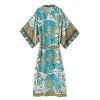 kimono bohème imprimé paon fleur, col en v, longue chemise ethnique laçage avec ceintures, long cardigan boho, nœud papillon
