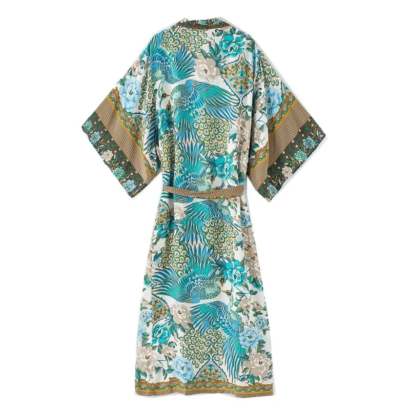 kimono bohème imprimé paon fleur, col en v, longue chemise ethnique laçage avec ceintures, long cardigan boho, nœud papillon kimono bohème imprimé paon fleur, col en v, longue chemise ethnique laçage avec ceintures, long cardigan boho, nœud papillon