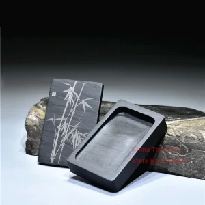Pierre à encre chinoise rectangulaire pour calligraphie, pierre à encre pour étudiant, puits d&rsquo;encre avec couvercle, meulage d&rsquo;encre en pierre naturelle
