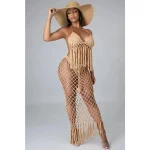 Cover Ups de bikini au crochet fait à la main pour femmes, coupe à pampilles, jupe longue, ensembles de trois pièces, maille, robe de maillot de bain en macramé imbibé