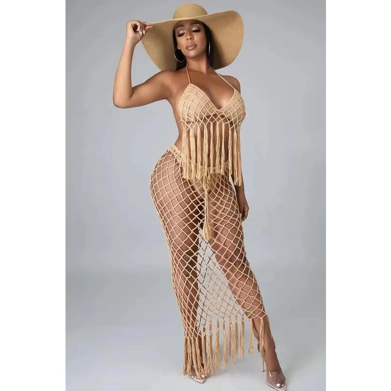 Cover Ups de bikini au crochet fait à la main pour femmes, coupe à pampilles, jupe longue, ensembles de trois pièces, maille, robe de maillot de bain en macramé imbibé Cover Ups de bikini au crochet fait à la main pour femmes, coupe à pampilles, jupe longue, ensembles de trois pièces, maille, robe de maillot de bain en macramé imbibé