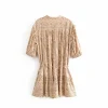 bo00 robe bohème à volants et imprimé floral pour femmes, vintage, col en v, bretelles, demi manches, robe de vacances