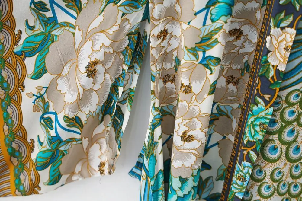 kimono bohème imprimé paon fleur, col en v, longue chemise ethnique laçage avec ceintures, long cardigan boho, nœud papillon kimono bohème imprimé paon fleur, col en v, longue chemise ethnique laçage avec ceintures, long cardigan boho, nœud papillon