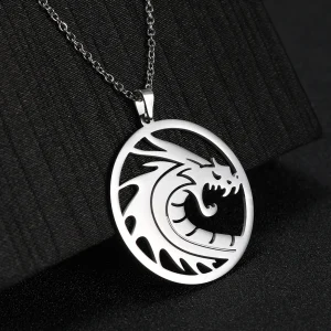 Skyrim-Collier pendentif dragon chinois rond, acier inoxydable, colliers de déclaration de déclaration de déclaration de déclaration, bijoux pour hommes et femmes, SION L