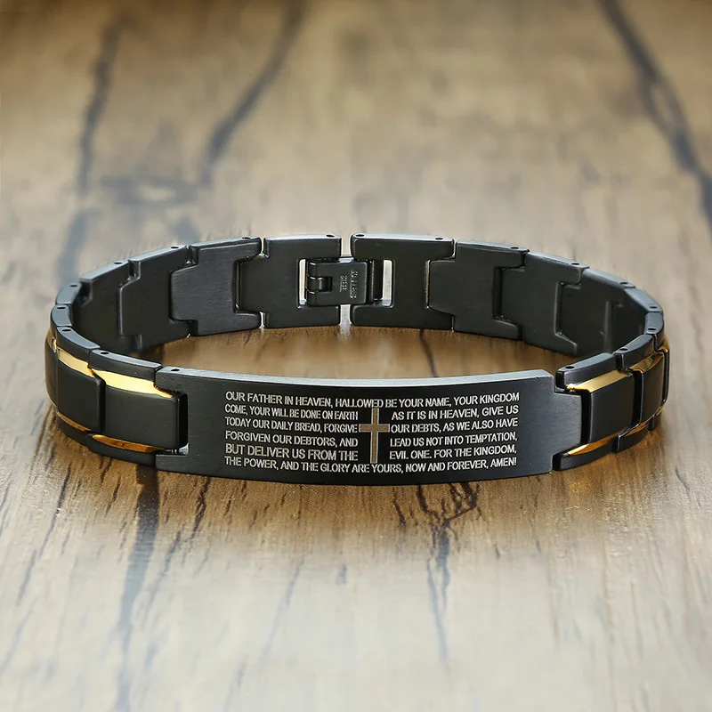 Bracelet en métal en acier inoxydable pour hommes, Bracelets de prière du seigneur chrétien, langue latine, japonaise et coréenne Bracelet en métal en acier inoxydable pour hommes, Bracelets de prière du seigneur chrétien, langue latine, japonaise et coréenne