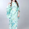 kimono japonais en satin bleu clair pour femmes, à la mode, robe de soirée à fleurs, taille unique h0047