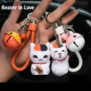 Maneki Neko japonais chat chanceux gros chat porte-clés fourrure Pom pom femmes en cuir bibelot porte-clés en métal sac de voiture pendentif charme D42