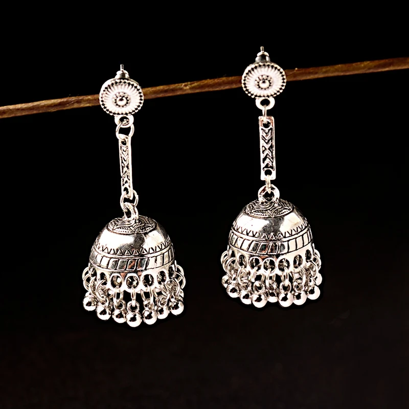 Boucles d’oreilles indiennes classiques en argent pour femmes, bijoux bohèmes pour dames, boucles d’oreilles Jhumka pour documents gitanes, rétro, égyptien, cloche ronde, pompon long Boucles d’oreilles indiennes classiques en argent pour femmes, bijoux bohèmes pour dames, boucles d’oreilles Jhumka pour documents gitanes, rétro, égyptien, cloche ronde, pompon long