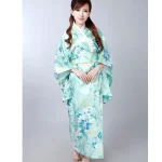 Kimono japonais en satin bleu clair pour femmes, à la mode, robe de soirée à fleurs, taille unique H0047