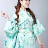 kimono japonais en satin bleu clair pour femmes, à la mode, robe de soirée à fleurs, taille unique h0047