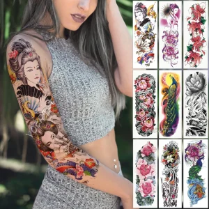 Grand bras manches tatouage japonais Geisha serpent imperméable temporaire Tatto autocollant Lotus paon fille Tatoo Art corporel femmes