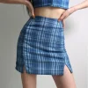 Bleu plaid femmes élégantes mini jupes 2025 été mode dames vintage jupe fête femme jupe fendue filles chic streetwear