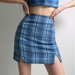 Bleu plaid femmes élégantes mini jupes 2025 été mode dames vintage jupe fête femme jupe fendue filles chic streetwear Bleu plaid femmes élégantes mini jupes 2025 été mode dames vintage jupe fête femme jupe fendue filles chic streetwear