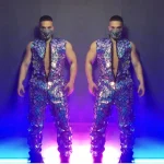 Combinaison miroirs violets pour hommes, groupe de danseurs, chanteur, Performance, paillettes Laser, sans manches, Bar, discothèque, vêtements de scène