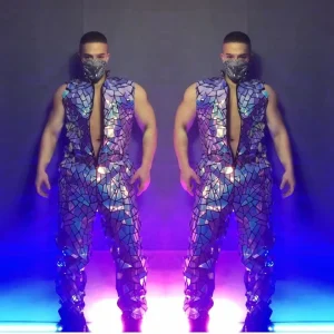 Combinaison miroirs violets pour hommes, groupe de danseurs, chanteur, Performance, paillettes Laser, sans manches, Bar, discothèque, vêtements de scène