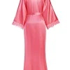 femmes sexy longue robe kimono dentelle robe de bain lingerie robe glace soie chemise de nuit couleur unie chemise de nuit vêtements de nuit grande taille # 0701