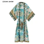 Kimono bohème imprimé paon fleur, col en V, longue chemise ethnique laçage avec ceintures, Long Cardigan BOHO, nœud papillon