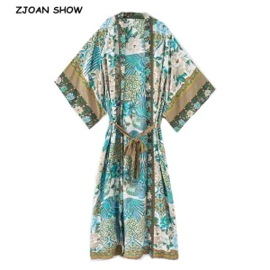 Kimono bohème imprimé paon fleur, col en V, longue chemise ethnique laçage avec ceintures, Long Cardigan BOHO, nœud papillon Kimono bohème imprimé paon fleur, col en V, longue chemise ethnique laçage avec ceintures, Long Cardigan BOHO, nœud papillon