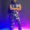 combinaison miroirs violets pour hommes, groupe de danseurs, chanteur, performance, paillettes laser, sans manches, bar, discothèque, vêtements de scène