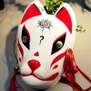 Masque complet peint à la main démon Kitsune Cosplay PVC mascarade Halloween personnage de dessin animé masque rouge bleu