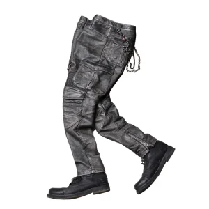 FJMen-Pantalon en cuir de vachette véritable, optique naturelle, dispositif de protection supplémentaire, style vintage, gris, hiver