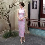 Qipao-Robe Longue en Satin de Prune pour Femme, Costume National Chinois, Tenue Élégante, Style Vintage, à Col Licou, Socialite Qipao-Robe Longue en Satin de Prune pour Femme, Costume National Chinois, Tenue Élégante, Style Vintage, à Col Licou, Socialite