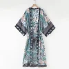 kimono bohème imprimé paon fleur, col en v, longue chemise ethnique laçage avec ceintures, long cardigan boho, nœud papillon