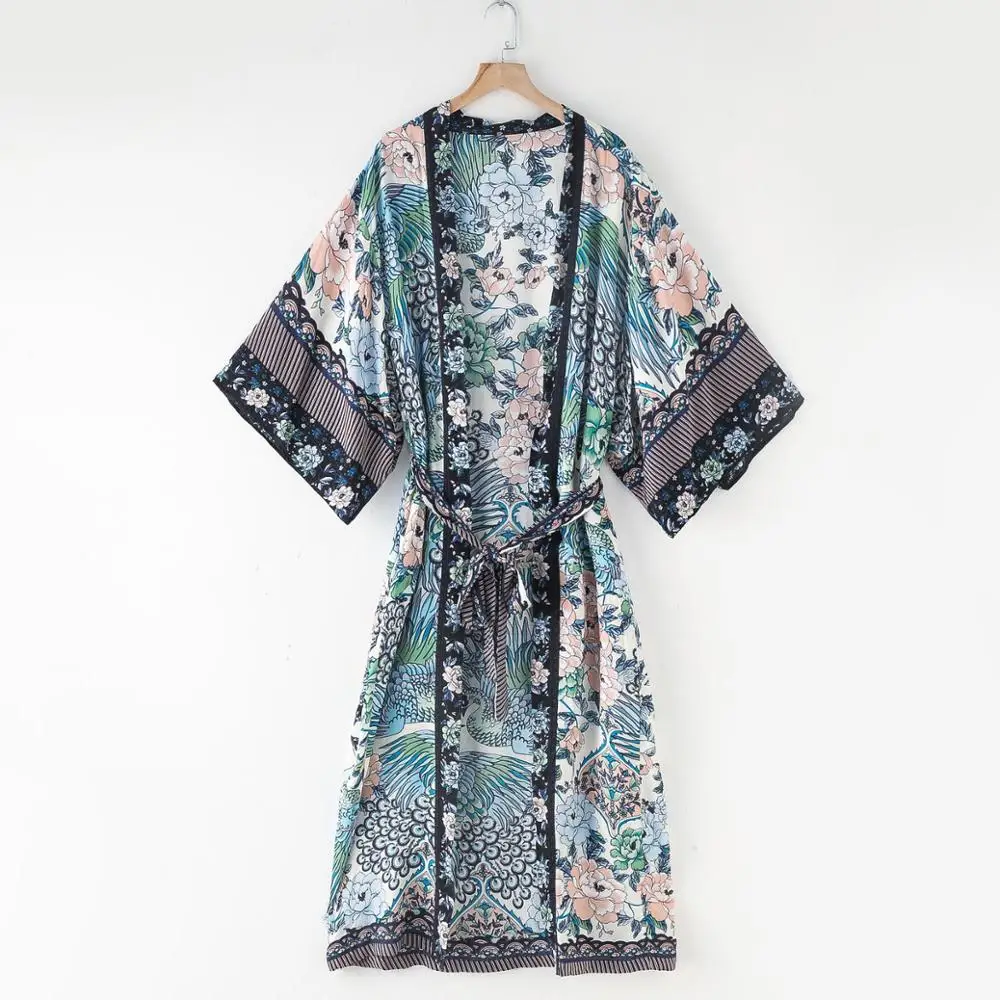 kimono bohème imprimé paon fleur, col en v, longue chemise ethnique laçage avec ceintures, long cardigan boho, nœud papillon kimono bohème imprimé paon fleur, col en v, longue chemise ethnique laçage avec ceintures, long cardigan boho, nœud papillon