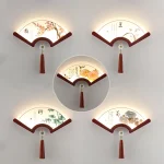 Applique murale LED en bois en forme d’éventail, applique murale japonaise rétro, porche chinois, salon, loft décoratif, allée de chambre Applique murale LED en bois en forme d’éventail, applique murale japonaise rétro, porche chinois, salon, loft décoratif, allée de chambre
