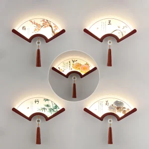 Applique murale LED en bois en forme d’éventail, applique murale japonaise rétro, porche chinois, salon, loft décoratif, allée de chambre Applique murale LED en bois en forme d’éventail, applique murale japonaise rétro, porche chinois, salon, loft décoratif, allée de chambre