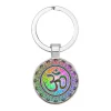 Bijoux à la mode indien Sanskrit Om symbole, porte-clés Ohm Om Aum bouddha Lotus en argent plaqué fleur de vie Mandala, anneau en verre d’art Bijoux à la mode indien Sanskrit Om symbole, porte-clés Ohm Om Aum bouddha Lotus en argent plaqué fleur de vie Mandala, anneau en verre d’art