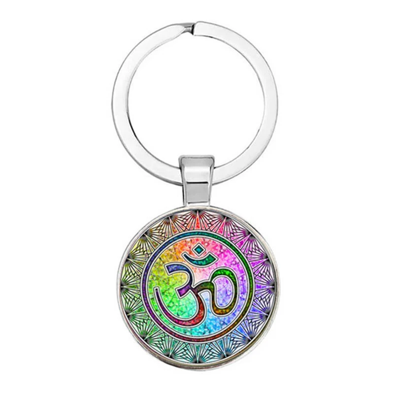 Bijoux à la mode indien Sanskrit Om symbole, porte-clés Ohm Om Aum bouddha Lotus en argent plaqué fleur de vie Mandala, anneau en verre d’art Bijoux à la mode indien Sanskrit Om symbole, porte-clés Ohm Om Aum bouddha Lotus en argent plaqué fleur de vie Mandala, anneau en verre d’art