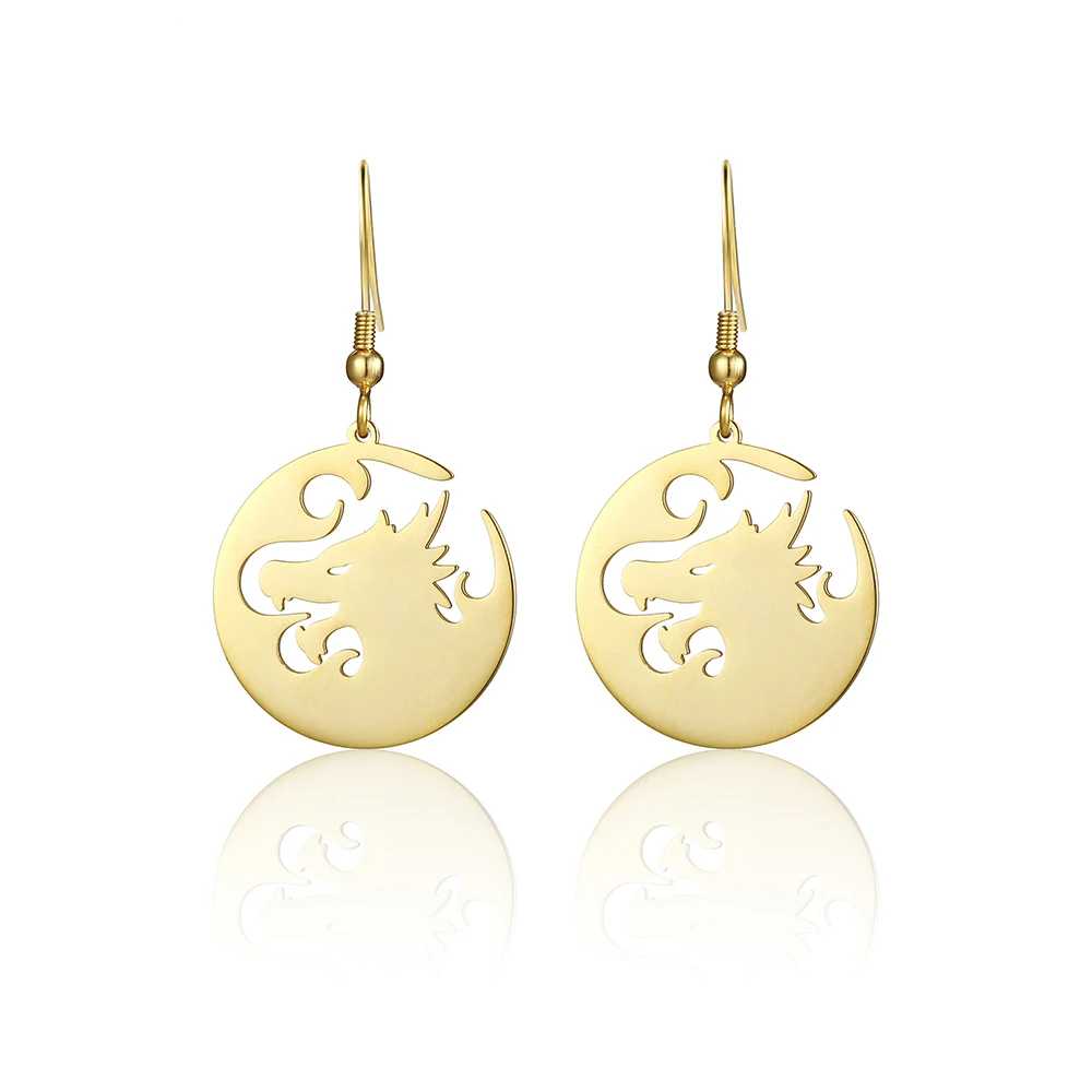 Stainless Steel Fantasy Round Golden Dragon Hollow Myth Head Lover Perfect Drop Earrings Jewelry For Women Stainless Steel Fantasy Round Golden Dragon Hollow Myth Head Lover Perfect Drop Earrings Jewelry For Women