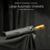 parapluie pliant automatique, extra large, plié, manche en bois, résistant au vent, pare soleil durable et résistant au vent